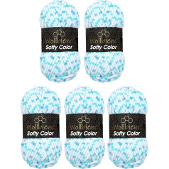 Wollbiene Softy Colour 5 x 100 g Chenille Wool Knitting Wool, Baby Wool, 500 g Wool Super Bulky (White/Blue/Turquoise 110)