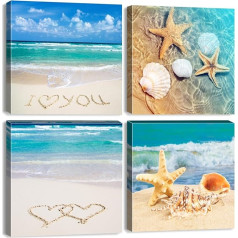 Leinwandbild für Badezimmer, Dekoration, Muscheln, Seesterne, Bilder, blauer Ozean, Landschaft, Wanddekoration, Küstenstrand-Thema, Gemälde, Kunstwerk für Wohnzimmer, Schlafzimmer, Heimdekoration, 30