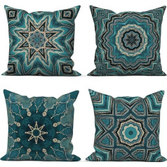 ASDCXZ Boho Cushion Cover, 50 x 50 cm, Set of 4, Retro Geometric Pattern, Blue Gold Sofa Decorative Cushion Covers, Washable Polyester Flax Textile, Outdoor Upholstery Pillowcase Cushion Cover