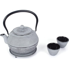 Echtwerk Cast Iron Tea Set, Teapot 1.1L with Removable Strainer, Tea Maker with Saucer, Vintage Design Teapot Set for Making Loose Tea, Grey