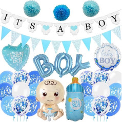 Babyparty Dekoration Junge Luftballons - 47 Stück Baby Shower Party Supplies It's A Boy Banner Baby Boy Folienballon Blau Flasche Boy Brief Folienballon Pompoms für Jungen Geschlecht Enthüllung Party