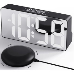 Alarm Clock Loud with Vibrations for Deep Sleepers, Mirror Alarm Clock with Light, Dual Alarm, Snooze, Dimmer, USB Charger, 12/24H & DST, Battery Backup, Bed Shaker Alarm Clock for Deaf Hearing