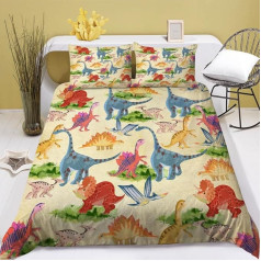 Cartoon Dino Children's Bed Linen Set, Colourful 3D Dinosaur Boys Duvet Cover 155 x 220 cm + 80 x 80 cm for Girls and Boys Kids, Children's Bed Linen High-Quality with Zip 2-Piece Bedding Set