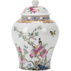 fanquare White Ginger Jars with Lid, Chinese Porcelain Tea Canister, Birthday, Peaches, Decorative Flower Vase, 900 ml Ceramic Storage Jar, Tea, Coffee, Sugar for Home, Kitchen, 19.5 cm
