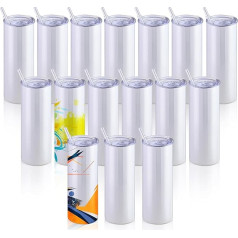OmniBuy Bulk Sublimation Tumbler Set, 16 Pack, White, 20 Ounce Stainless Steel Straight Tumblers with Metal Straw and Lid