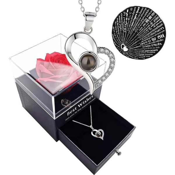 GUCHO Forever Rose Flower Box with I Love You Necklace in 100 Languages, Gifts for Wife, Valentine's Day Gifts for Her, Mother's Birthday Gifts, Gift Ideas for Women