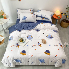 100% Cotton Duvet Cover Double Size Children Boys Girls Cartoon Space Bedding Set Rocket Planet Stars Printed Duvet Cover Set White and Blue All-Year Bedding Set, 200 x 200 cm