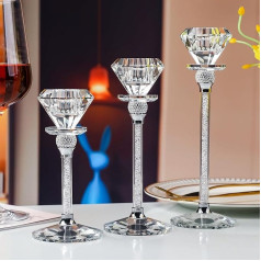 Crystal Candle Holder, Candle Stand, Crystal Glass, Set of 3, Diamond-Shaped Exclusive Candle Holder, 17/20/23 cm High Modern Table Decoration, Living Room Decoration, Wedding, Party, Advent,