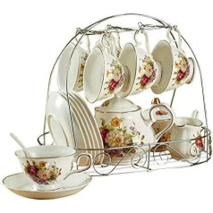 ufengke -ts 15-Piece European Ceramic Service Coffee Set with Metal Holder, Red and White Rose Vintage Tea Set, for Wedding and Household