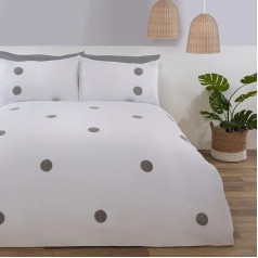Sleepdown Embroidered Tufted Polka Dot White Silver Duvet Cover Set with Pillowcases Luxury Soft Cosy Easy Care Double (200x200cm)
