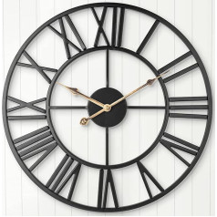 Silent Wall Clock, Arvinkey European Farmhouse Vintage Clock with Roman Numerals 47cm Non Ticking Battery Operated Metal Skeleton Decorative Clock for Home Office Decoration (Black)