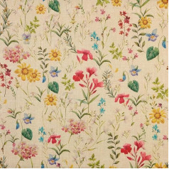 Kt KILOtela - 1 Metre Digital Print Half Panama Canvas Fabric 100% Cotton Length 100cm Width 280cm Flower Garden Multi Colour Beige