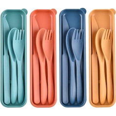 4 Sets Reusable Plastic Cutlery with Case, Portable Dark Utensil Set for Kids Adults, Biodegradable Utensils for Kitchen, Dishwasher Safe