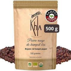 Khla - Kampot Organic Red Pepper, 500 g, Red Peppercorns, Completely Organic, Kitchen Ingredient, Direct from Producer, Red Grains Whole for Mill, Origin Cambodia