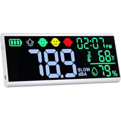 Decibel Meter 13 Inch Wall and Table Sound Level Meter Large LED Device for Displaying Decibels, Time, Temperature and Humidity with Buzzer & Symbol Alarm for Classroom and Studio