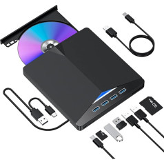 External CD DVD Drive, USB 3.0 & Type-C Portable CD/DVD-RW Burner with SD/TF Slot & 4 USB Ports, Slim Optical Drive for Laptop, Windows, Linux, MacBook and iMac