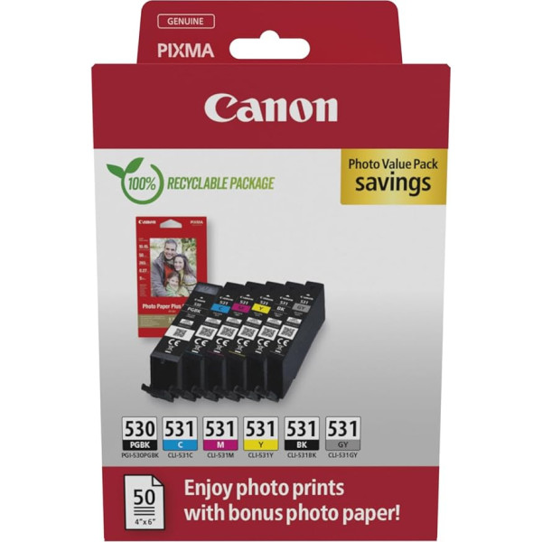 Canon PGI-530 / CLI-531 Original-Tintenpatronen, 6er-Pack (2 x Schwarz, Cyan, Magenta, Gelb, Grau), inklusive 50 Blatt 4x6-Fotopapier - Kompatibel mit PIXMA TS8750 / TS8751