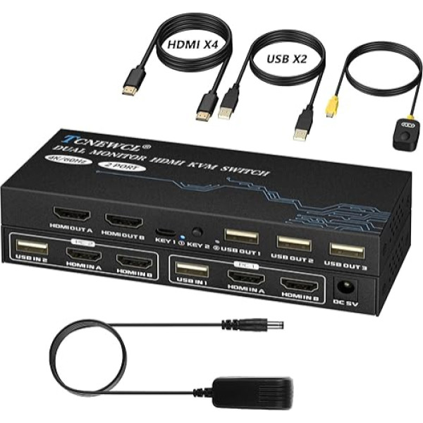 HDMI KVM Switch 2 PC 2 Monitors 4K @ 60Hz, Dual Monitor KVM Switch 2 Port with Power Supply, Supports HDMI 2.0, HDCP 2.2, 2 in 2 out KVM Switch with 4 HDMI Cables and 2 USB Cables