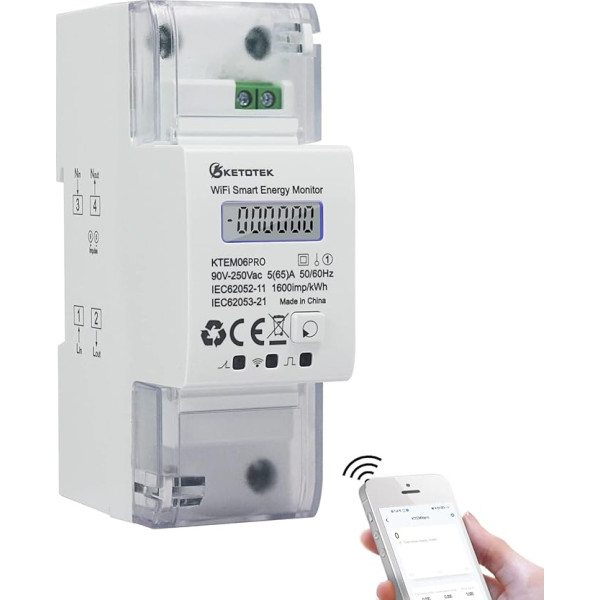 KETOTEK WLAN Electricity Meter DIN Rail 1 Phase Bidirectional Power Consumption Meter for Balcony Power Plant 5 (65) A 90-250 V Digital LCD Energy Cost Meter KWh Meter