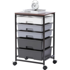 SYKIARIOL Storage Trolley on Wheels, Rolling Cart with 5 Drawers, Multi-Purpose Trolley with Wooden Table Top for Kitchen, Living Room, Bedroom, Office, Large Capacity, Grey