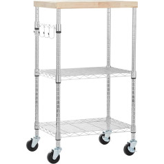 Amazon Basics 3 Tier Serving Trolley with Removable Wooden Top and Height-Adjustable and Chrome-Plated Shelves with a Total Load Capacity of 79.5 kg, Wood/Chrome