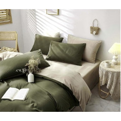 Freyamy Bed Linen 135 x 200 cm 4-Piece Green Dark Green Beige Plain Reversible Bed Linen Washed Microfibre Bed Linen Set 2 Duvet Covers and 2 Pillowcases 80 x 80 cm with Zips