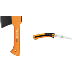 Fiskars Leisure Hatchet with Blade and Transport Protection, Length 23 cm, Non-Stick Coating, Orange, X5-XXS & Hand Saw for Fresh Wood, Coarse Toothing, Saw Blade Length: 16 cm, Black/Orange