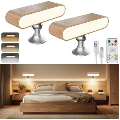Indoor Wall Light, Pack of 2 Wooden LED Wall Lights with Battery, 3 Colour Modes, Continuously Dimmable Touch Control, 360° Rotatable Wireless Wall Lamp with Remote, Wall Reading Lamp for Bedroom on
