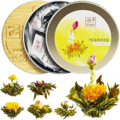 Tea Flowers Gift Set with 6 Tea Roses, White Tea Hand-Tied with Flowers, Includes Bamboo Coaster, Original Tea Gift for Women, Tea Set for Tea Lovers