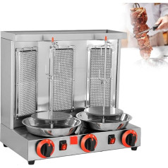 Commercial Vertical Grill, 360° Automatic Rotation Gas Rotisserie BBQ Skewers, Stainless Steel Kebab Oven with Temperature 50-350 °C, for Restaurant, Kitchen, Parties, TripleHead Silver