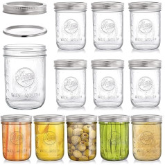 Tebery Pack of 12 Mason Jars 16 oz Preserving Jars with Lids, Labels, Storage Jars for Jam, Honey, Wedding Gifts, Baby Food