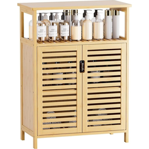 HITNET Bathroom Cabinet, Freestanding Side Storage Organiser Unit with Double Slat Doors and Open Shelf, Bamboo Kitchen Cabinet, Natural