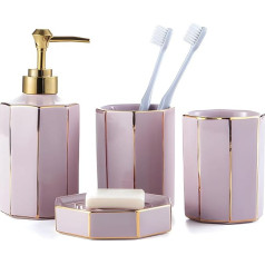Santentre Bathroom Set 4 Pieces, Bathroom Accessory Set Ceramic with Soap Dispenser, Toothbrush Holder, Mug, Soap Dish, Ideal Home Gift for Bathroom Decoration and Organisation, Pink