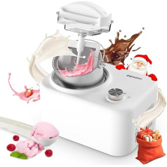 EUHOMY Ice Cream Maker with Compressor, Self-Cooling, 100 Watt Ice Cream Maker Small with Ice Cream Scoop, 1 Litre Ice Cream Maker, White, 400 g Ice Machine, Removable Mixing Whisk, Clear Lid