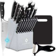 Platinum Gold 20-Piece Knife Set, Knife Block with Knife, Kitchen Knife Set Made of Stainless Steel, Includes Integrated Sharpener, Chopping Board and Peeler, PLATINUM GOLD Knife Set, 20 Pieces, Grey