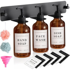 XLHOMO Shampoo- und Conditioner-Spender, brauner Seifenspender für Dusche, Wandmontage, 3 Kammern mit Etiketten, Badeschwamm, bohrfrei, 480 ml, Kunststoff-Duschflaschen, nachfüllbar für Badezimmer,