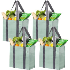 VENO 4 Pack Reusable Grocery Bags and Grocery Bags with Handles and Firm Base in Compact Convenient Size. Foldable, Durable, Heavy Duty Tote Bag (Light Green, Pack of 4)
