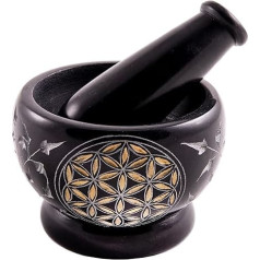 NKlaus Mortar Flower of Life Gold Soapstone Diameter 9 cm Black with Pestle Mortarium 0.8 kg Heavy Grating Bowl Spice Herbs Frankincense 1371