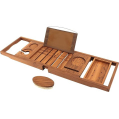 Teak Bathtub Tray, Expandable Wooden Bathtub Tray for Bathtub with Wine and Book Holder, Solid Bathroom Caddy with Free Teak Body Brush