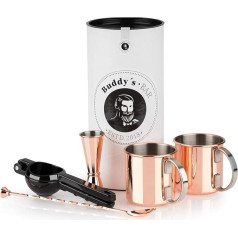 Buddy´s Bar - Moscow Mule Complete Set, 2 x 500ml Cocktail Mugs, 27cm Bar Spoon, 5cl Bar Measure & Black Lime Squeezer, Food Grade Cocktail Cup Set Including Gift Box, Polished Copper