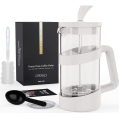 RAINBEAN French Press Coffee Maker 3 Cups, French Press Maker for Filter Coffee, Tea Maker and Milk Foam, with Triple Stainless Steel Filter, Heat Resistant Glass (350 ml, White)