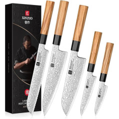 XINZUO Kitchen Knife Set, 5 Pieces, 67 Layers, Damascus Steel Chef's Knife Set, Professional Forged Damascus Knife Set, Sharp Blade, Chef's Knife Set, Chef Santoku Bread, All-Purpose Fruit Knife,