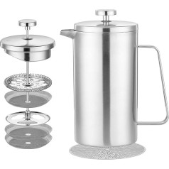 Misichao Cafetiere French Press Coffee Maker for 8 Cups, Stainless Steel Caffettiere Insulated Coffee Press with 3 Stage Filter System, 3 Extra Filters, 1000 ml, Silver