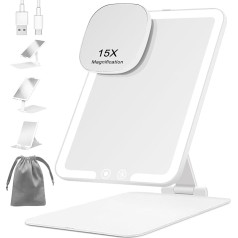FANCYSEEU Rechargeable 1500 mAh Cosmetic Mirror with Lighting, 15 x Mini Magnification Mirror with 3 Colours, Dimmable, Foldable Make-Up Mirror, Ultrathin Portable Travel Mirror (White)