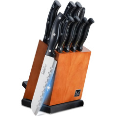 Justup Knife Set, Knife Block with Knife, 10-Piece Knife Block Set with Wooden Block, Sharp Knife Set, Stainless Steel Kitchen Knife Set, Professional Chef's Knife Set with Sharpening Steel (Black)