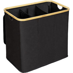 WENKO Trio Ecori Laundry Basket, 3 Compartments (35 Litres Each), FSC Certified Bamboo Frame, Laundry Bag with Lid Made of Recycled Polyester, 57 x 50 x 37 cm, Natural/Black