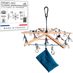 Snowflake The Sock Stand, Foldable Clothes Airer with 18 Sock Clips, Pocket for Clips, 2 Carabiners. Hanging Clothesline, Indoor, Outdoor, Travel Accessories, Made in France