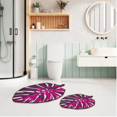 miqna Botanic Bath Mat Set of 2 Non-Slip Bath Mat Washable Bathroom Rug Green (Lapel Purple, 60 x 100 cm - 50 x 60 cm)