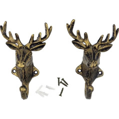 E-isata Deer Metal Wall Hooks Cast Iron Heavy Duty Rustic Vintage Coat Bag Towel Keys 2 Pack (Gold)