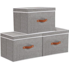 YheenLf Storage Cubes with Handles, Foldable Storage Box with Lid, Storage Boxes for Cupboards, Washable, Grey, Pack of 3, 33 x 23 x 20 cm